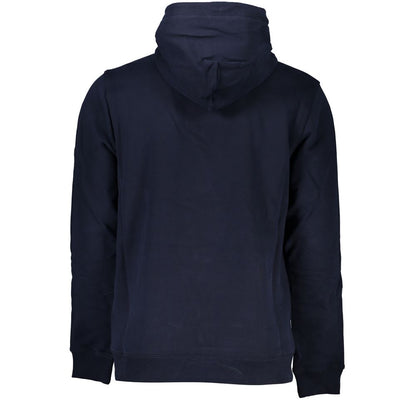 Tommy Hilfiger Blue Cotton Men Sweater with Hood, back view showcasing the cozy hood and soft cotton material for a relaxed style.