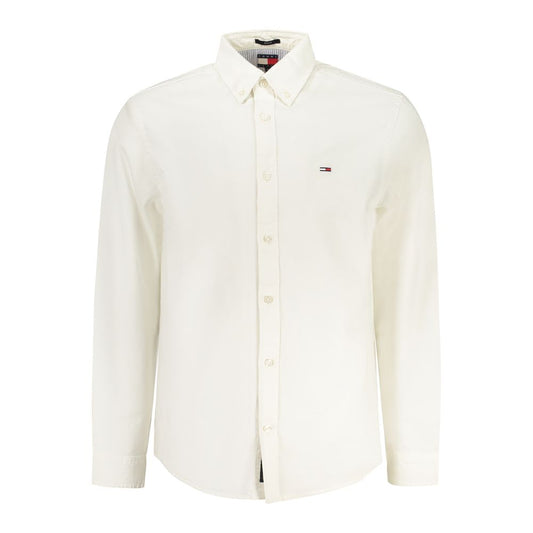 Tommy Hilfiger White Cotton Men Shirt, long sleeve, button-down, iconic logo, classic and contemporary style.