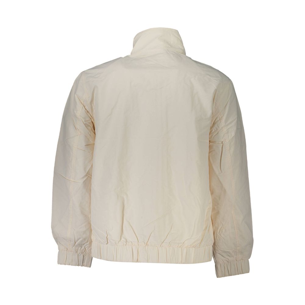 Tommy Hilfiger White Polyamide Men Jacket featuring a sleek design with elastic waist and cuffs, eco-friendly recycled material, and zip front.