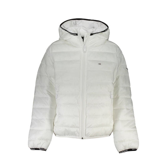 Tommy Hilfiger White Polyester Jackets & Coat with hood, zip, logo, and contrast details, made from 95% recycled material.