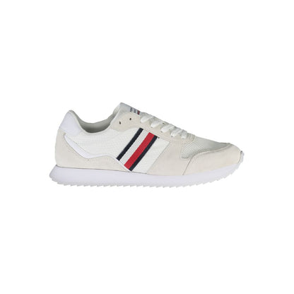 Tommy Hilfiger White Polyester Men Sneaker with recycled materials and leather accents, featuring iconic logo and eco-friendly design.