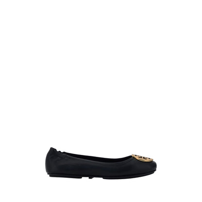 Tory Burch Black Lamb Ovis Aries Aries Ballet Flats with embossed monogram plaque on round toe, side view.