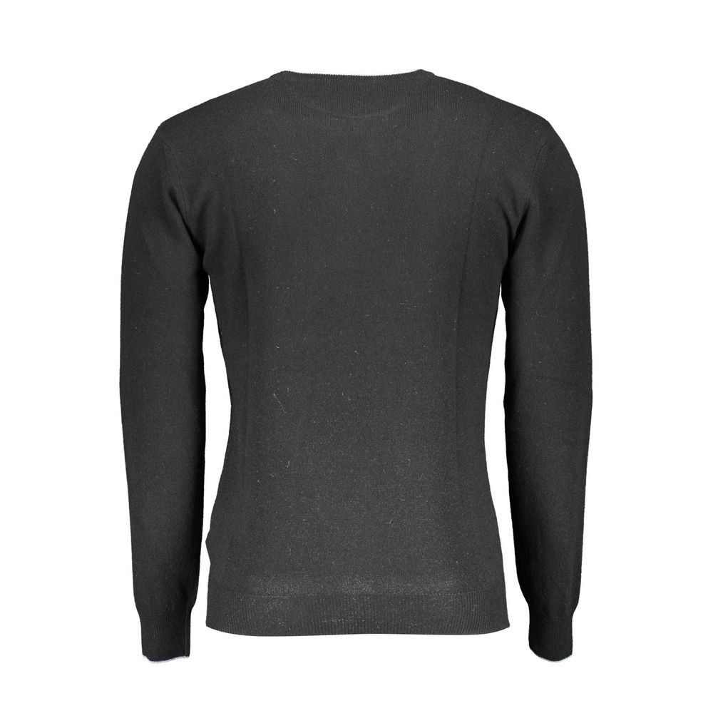 U.S. POLO ASSN. Black Wool Sweater, back view, slim long-sleeved, crew neck, contrast details, with logo.