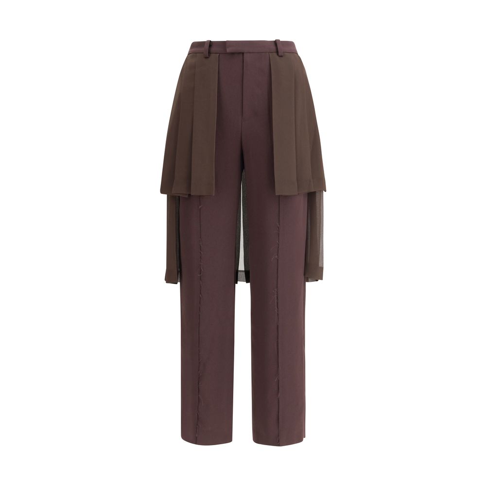 Undercover Brown Acetate Casual Pants with organza pleated skirt and hidden pockets for elegant style and comfort.