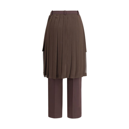 Undercover Brown Acetate Casual Pants with organza pleated skirt overlay and hidden pockets in a modern slim silhouette.