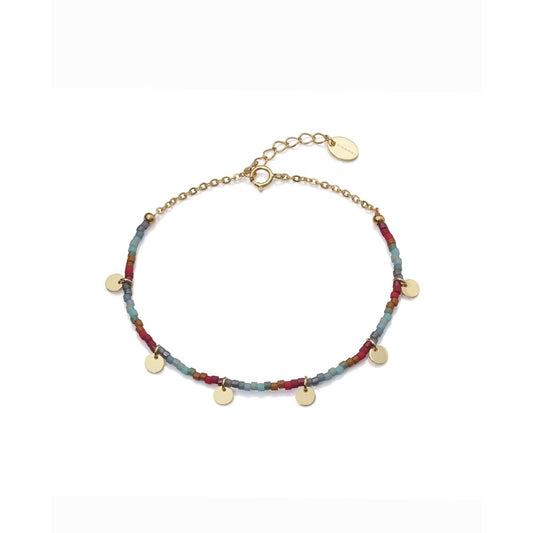 Gold and colorful beaded bracelet with small gold discs for women, adjustable chain. Elegant accessory for stylish outfits.