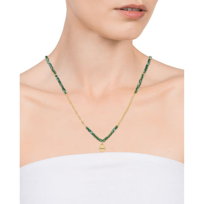 Woman wearing VICEROY JEWELS Mod. 13040C100-92 silver necklace, quartz analog movement, in official packaging, green and gold design.