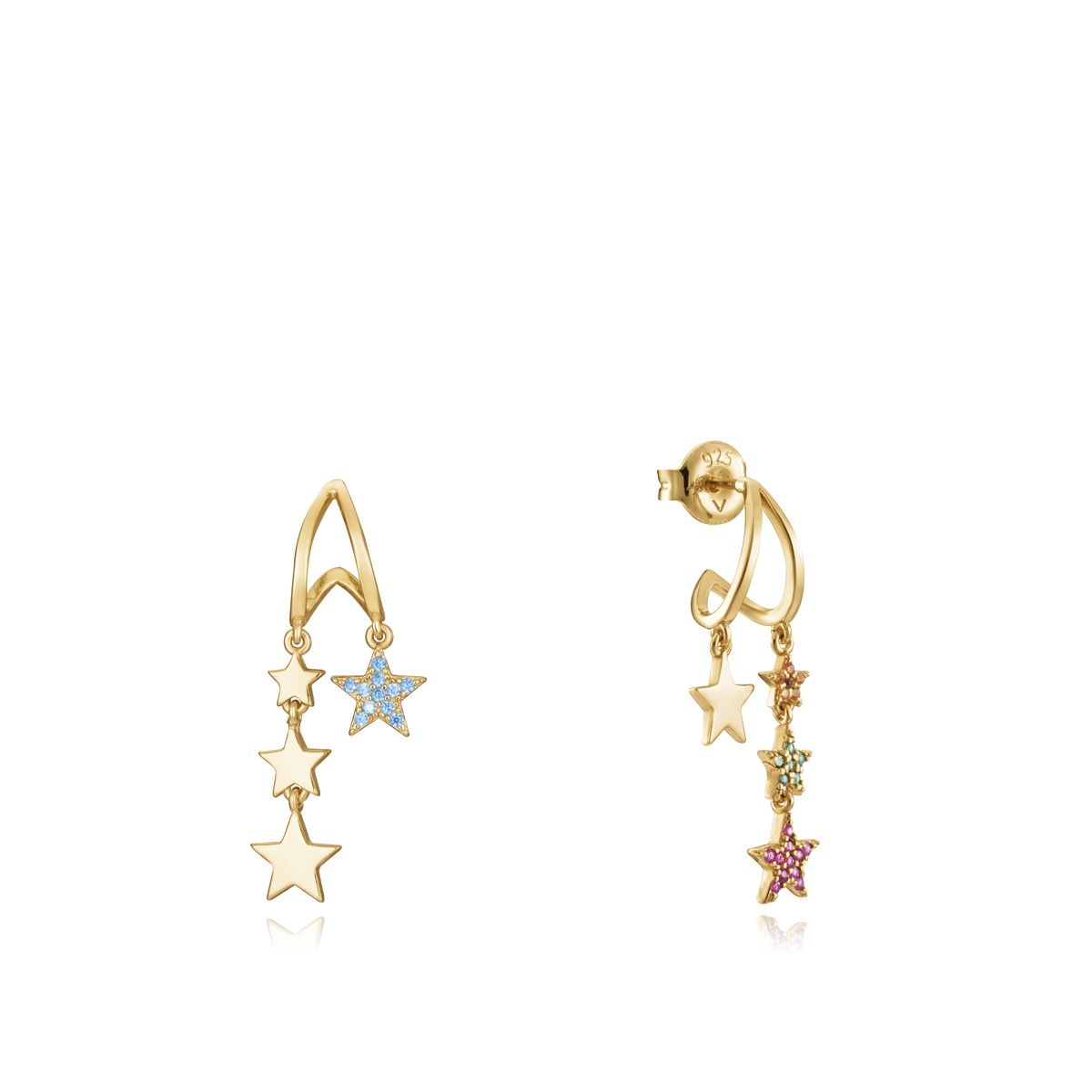 Gold star-shaped earrings with colorful gemstone accents on a reflective white background.