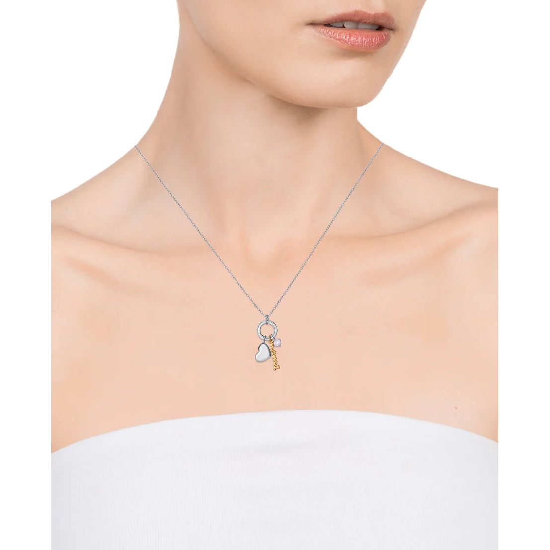 Woman wearing VICEROY JEWELS Mod. 13151C000-30 silver necklace, quartz analog design with 5 ATM water resistance and calendar function in official box