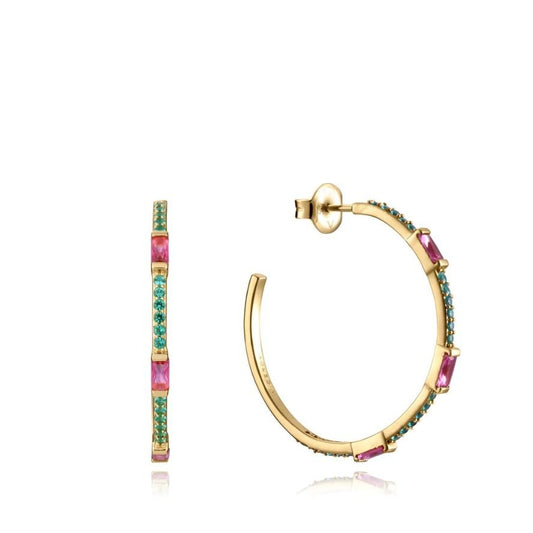 VICEROY JEWELS Mod. 13173E100-39 earrings in gold with pink and green gemstones, stylish hoop design for ladies, elegant jewelry.