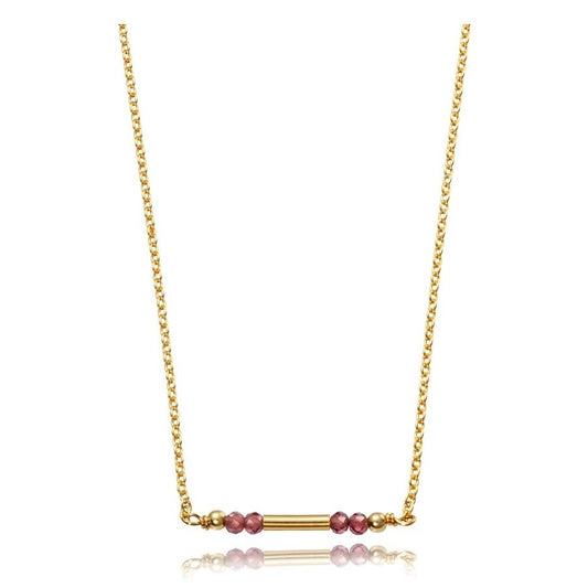Gold chain necklace with pink gemstone accents and a cylindrical bar center design on a white background.