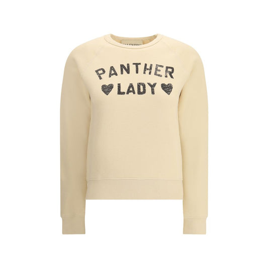 Valentino Beige Cotton Sweatshirt with Panther Lady graphic, ribbed crew neck and comfortable fit, ideal for AW25 casual sophistication.