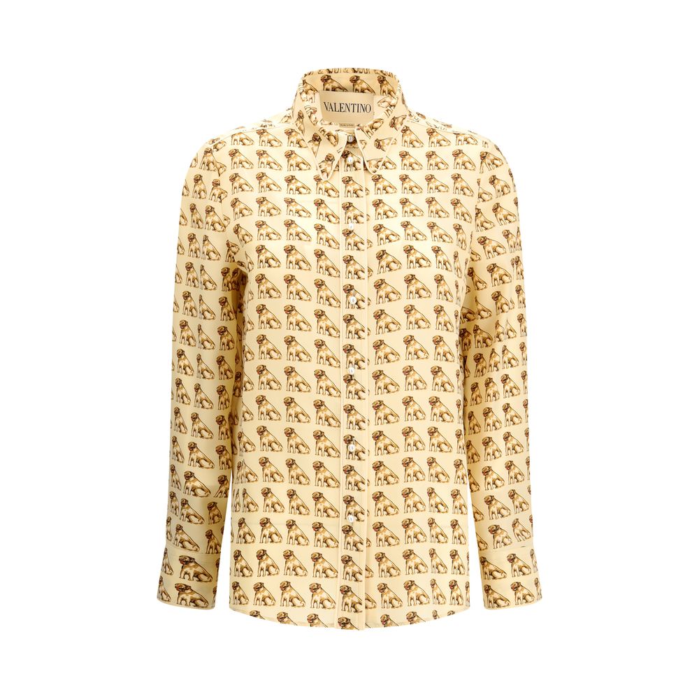 Valentino Beige Silk Pattern Shirt with Petit Charles print and pearl front closure, made from 100% silk for the AW25 season.