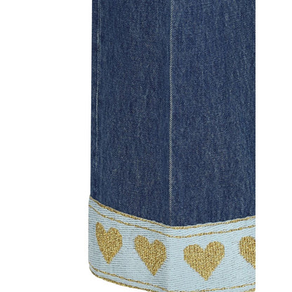 Close-up of Valentino Blue Cotton Straight-Leg Jeans with heart pattern on fabric edges.