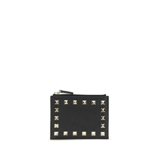 Valentino Garavani Black Calf Leather Bos Taurus Wallet with Rockstud design, featuring a zippered coin compartment and card slots.