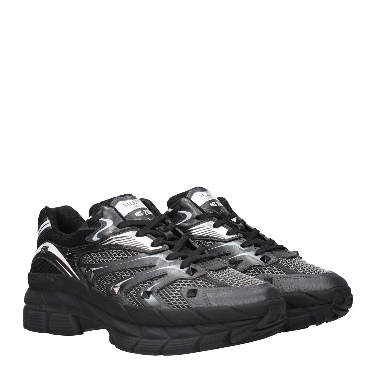 Valentino Garavani Black Fabric Athletic Sneakers with rubber sole and lace-up closure, featuring studded design and logos.