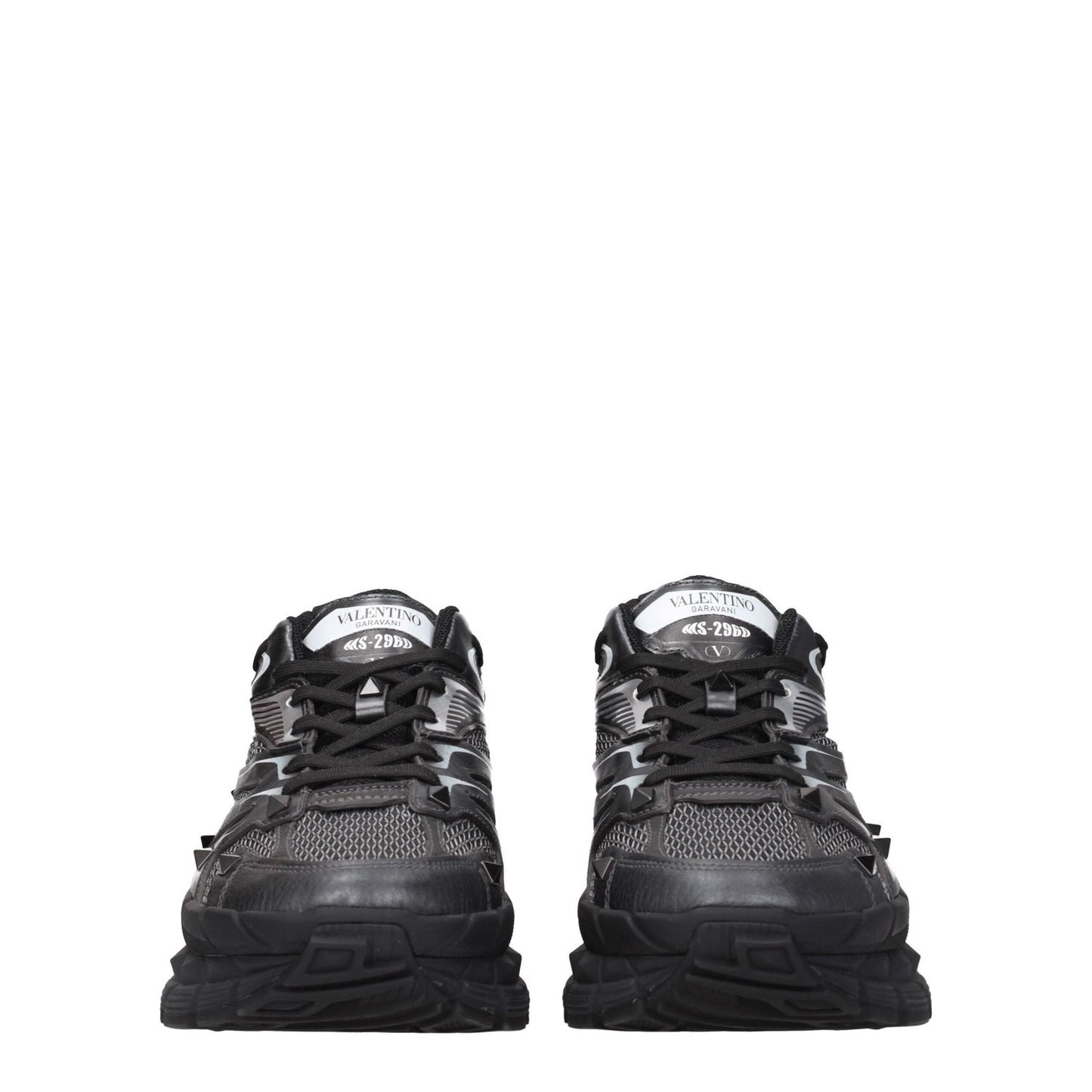 Valentino Garavani Black Fabric Athletic Sneakers with studs and logos, lace-up closure, rubber sole, mid heel, round toe.