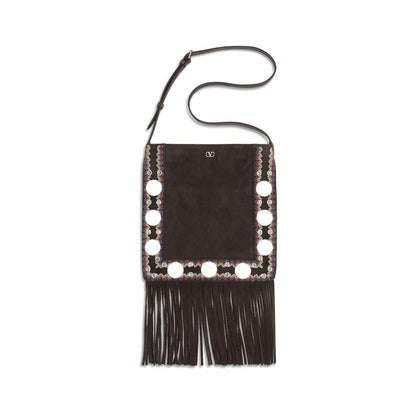 Valentino Garavani Brown Calf Leather Bos Taurus Shoulder Bag with fringes and metal studs, shown with adjustable suede strap.