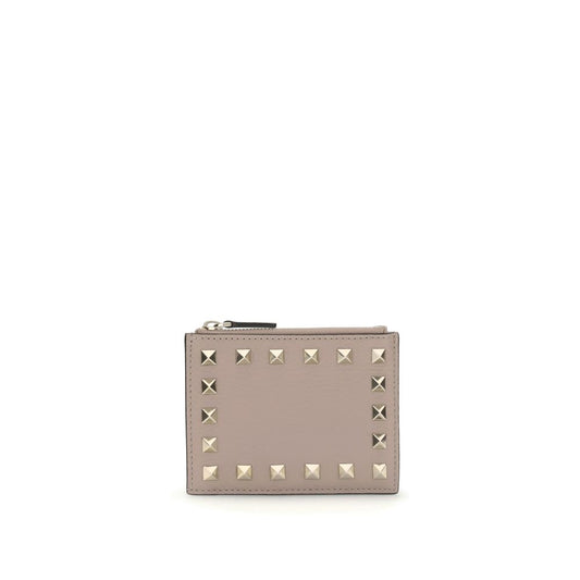 Valentino Garavani Multicolor Calf Leather Bos Taurus Wallet with iconic studs and zippered coin compartment in garnet leather.