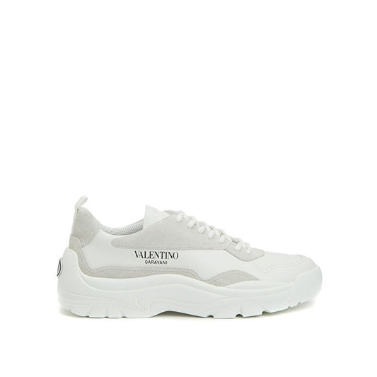 Valentino Garavani White Leather Low Top Sneakers with contrast logo print and suede detail, designed for men.