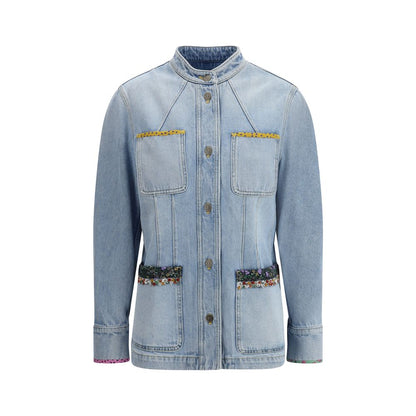 Valentino Light Blue Cotton Denim Jacket with embroidery, crew neck, button closure, and four patch pockets, featuring floral beaded details.