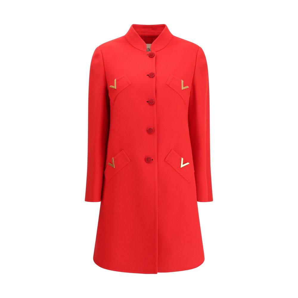 Valentino Red Fleece Wool Coat with soutache buttons and VLogo pockets.