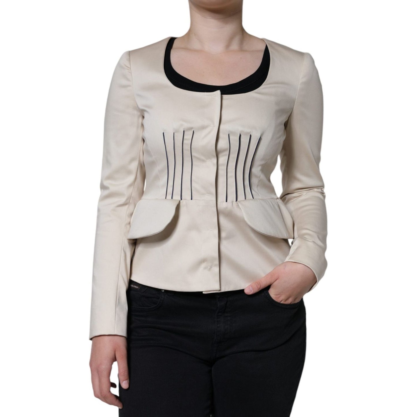 Valentino Beige Cotton Long Sleeves Round Neck Blazer Jacket JKT3272-40