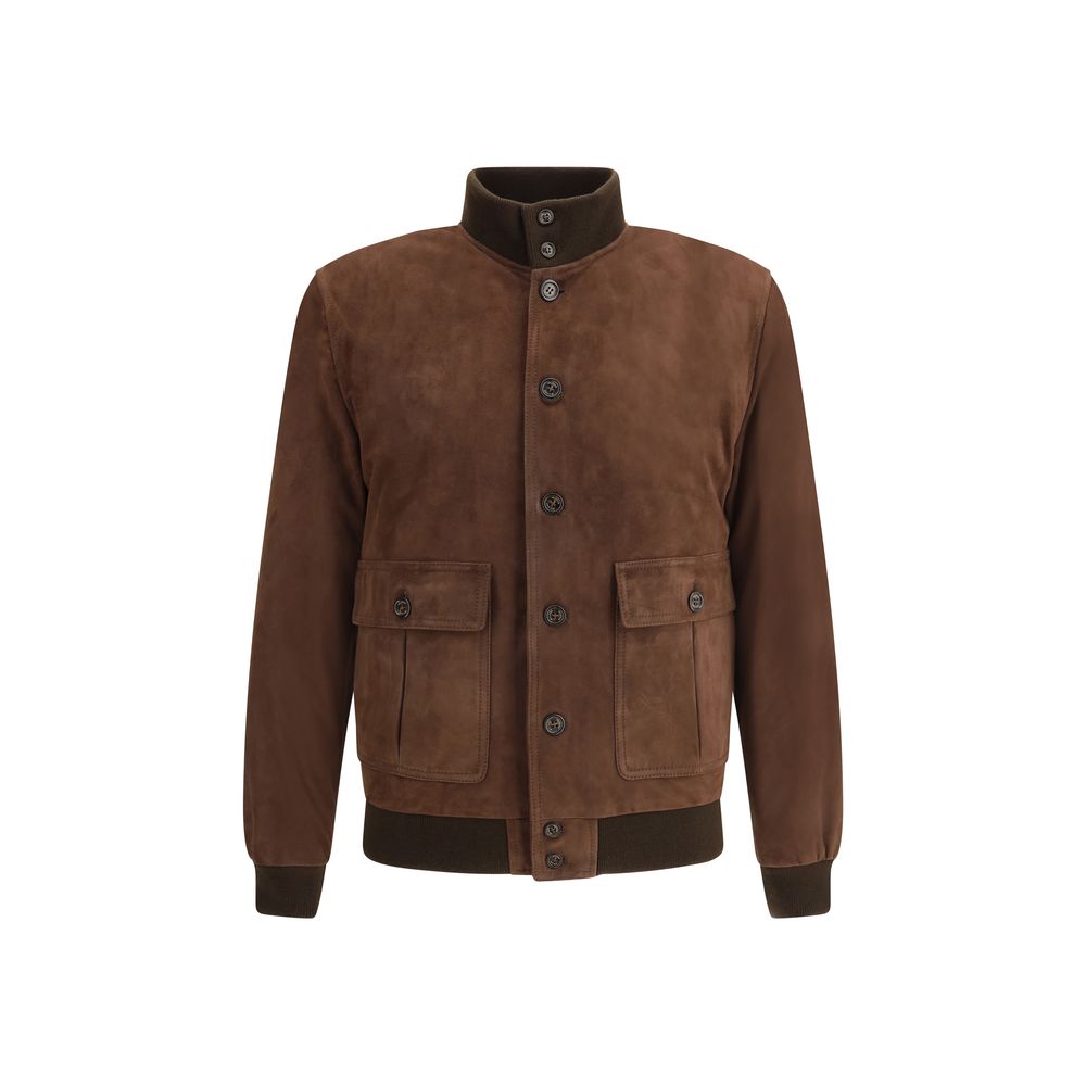Valstar Brown Calf Leather Bos Taurus Bomber with high collar and front pockets, suede finish for AW25 season.