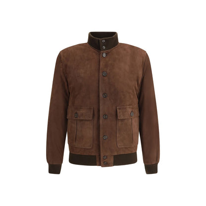 Valstar Brown Calf Leather Bos Taurus Bomber with high collar and front pockets, suede finish for AW25 season.