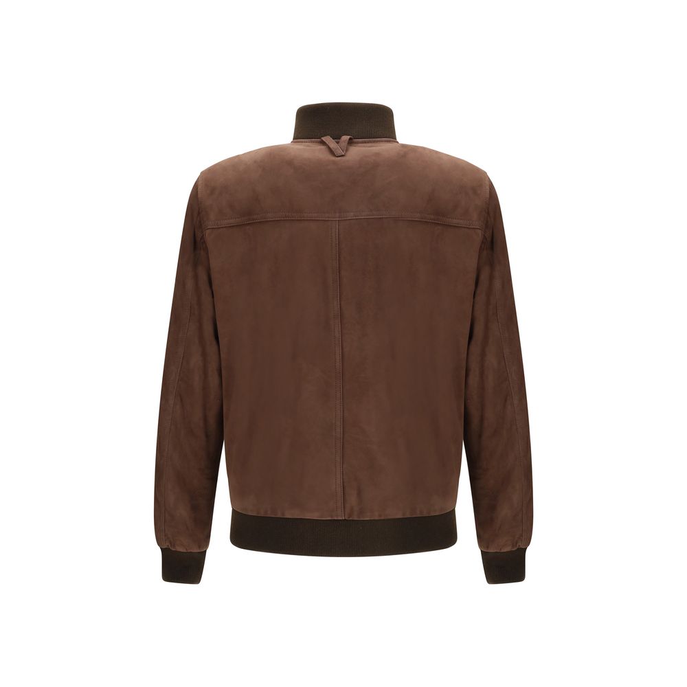 Back view of Valstar Brown Calf Leather Bos Taurus Bomber with ribbed cuffs and hem, high collar, suede finish, autumn-winter style.