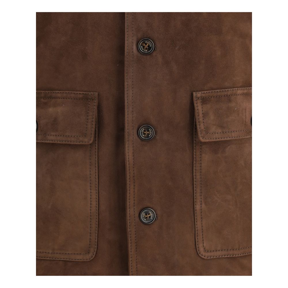 Close-up of Valstar Brown Calf Leather Bos Taurus Bomber featuring button closure and front flap pockets in suede leather.