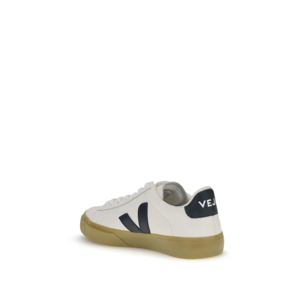 Veja White Leather Low Top Sneakers with black "V" logo, sustainable O.T. leather, side view, rounded toe and flat sole.