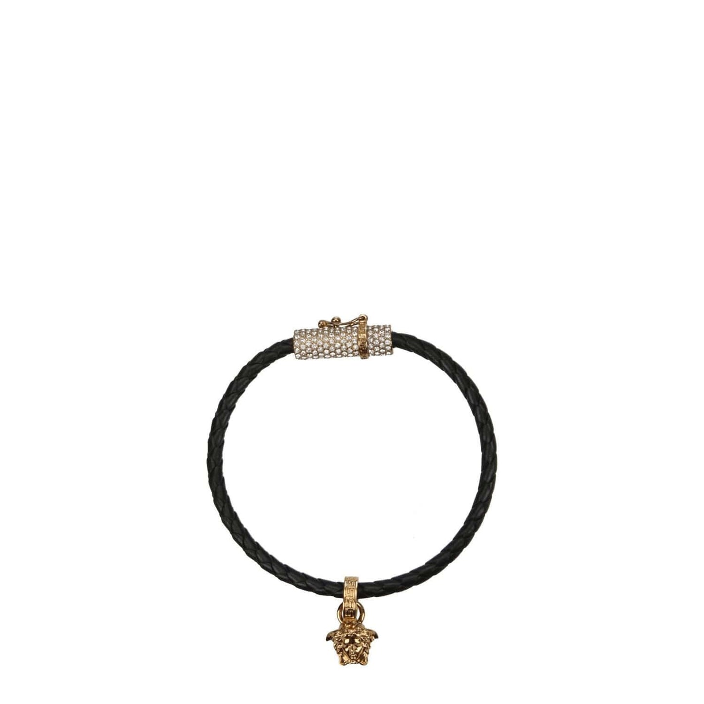 Versace Black Leather Bracelet with gold details and hook closure, featuring front detail and back logo. Style: Casual. MPN: 10092161A051691B130.