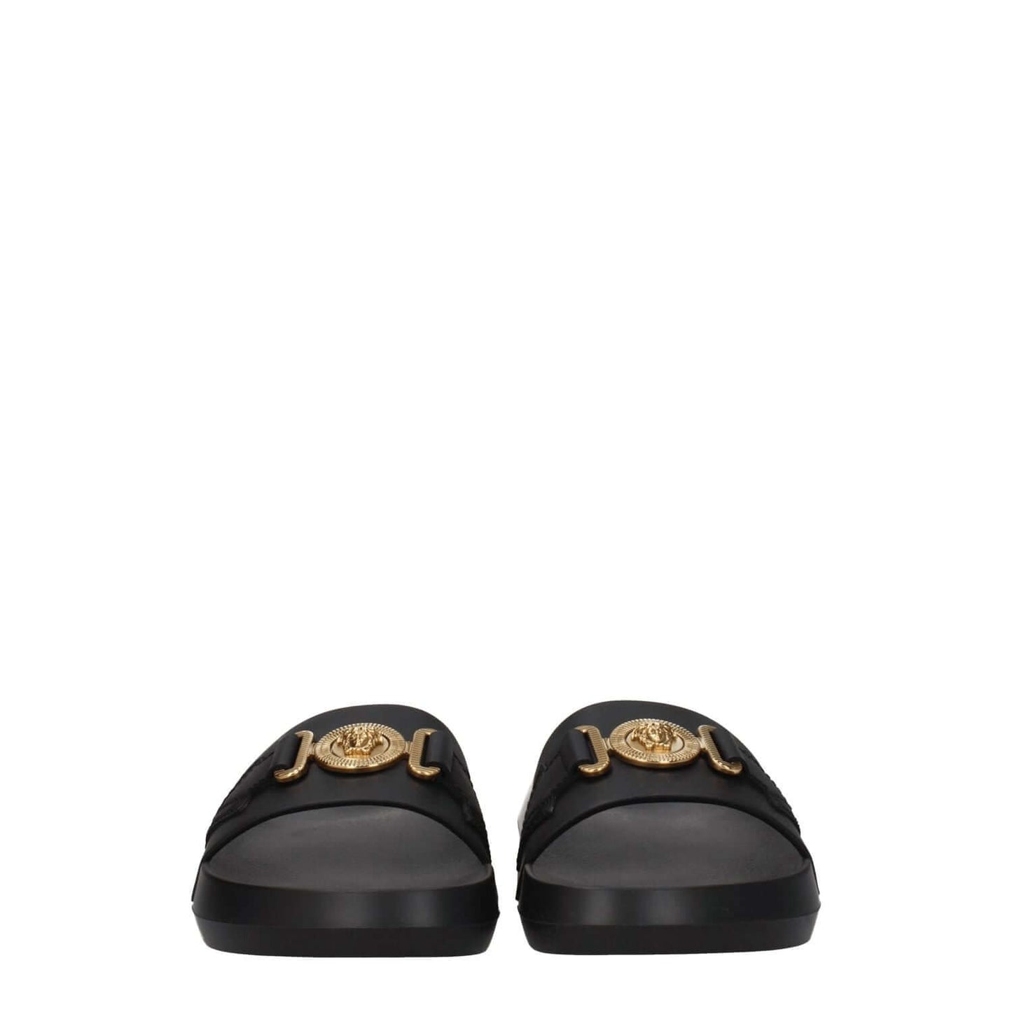 Versace Black Leather Slippers with gold front detail, open toe, and rubber sole, featuring casual style and back logo.