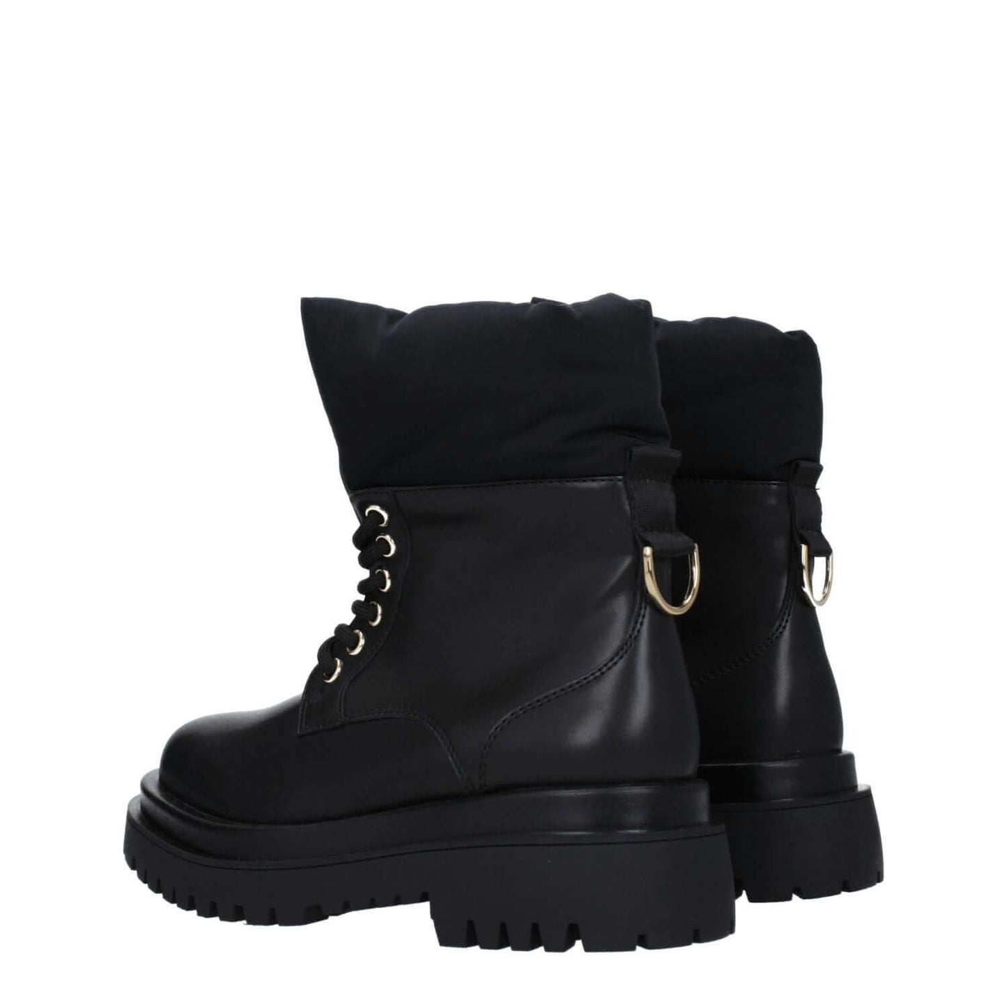 Versace Jeans Black Polyethylene Ankle Boots with logo, lace-up closure, rubber sole, mid heels, and round toe design.