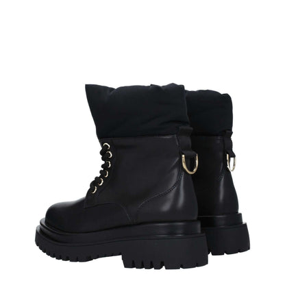 Versace Jeans Black Polyethylene Ankle Boots with logo, lace-up closure, rubber sole, mid heels, and round toe design.