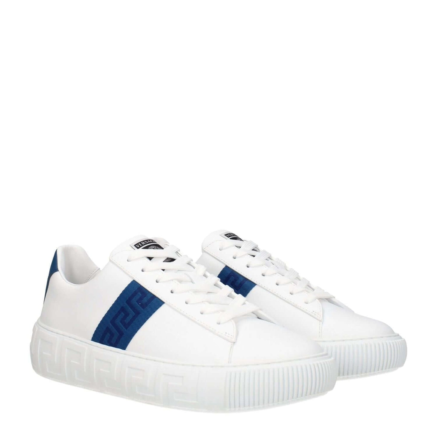 Versace White Leather Low Top Sneakers with side detail, lace-up closure, dark teal accents, rubber sole, and 5 cm heel height.