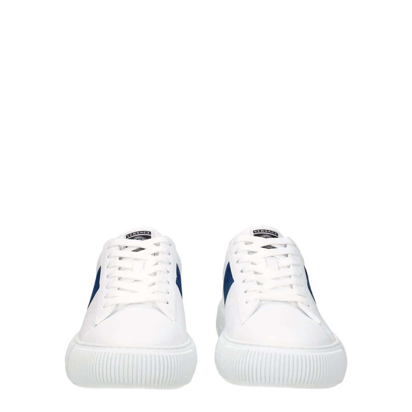 Versace White Leather Low Top Sneakers with dark teal side detail and front logo, lace-up closure, rubber sole, and round toe design.