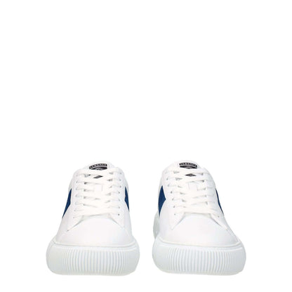Versace White Leather Low Top Sneakers with dark teal side detail and front logo, lace-up closure, rubber sole, and round toe design.
