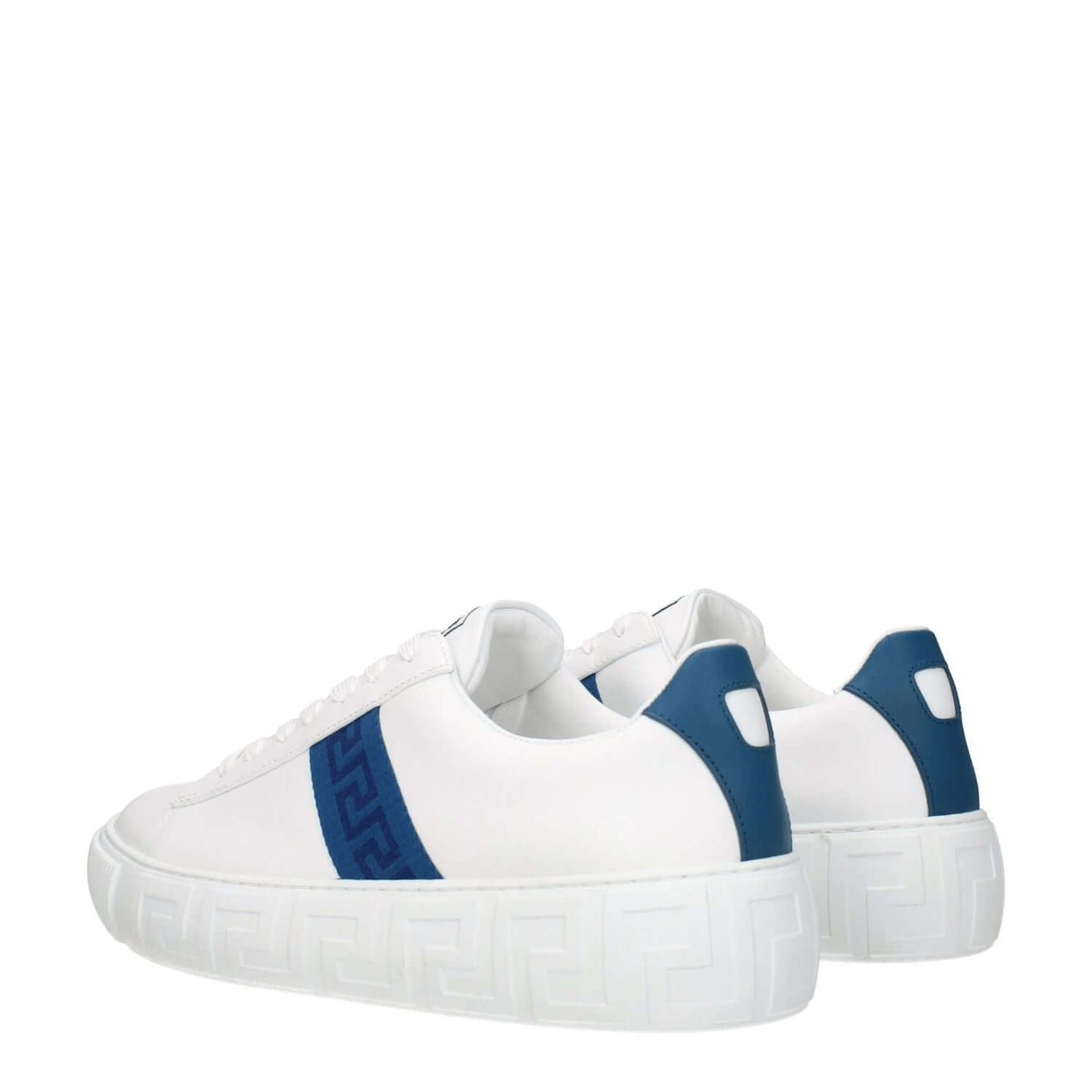 Versace White Leather Low Top Sneakers with side detail and front logo, dark teal accents, lace-up closure, and rubber sole.