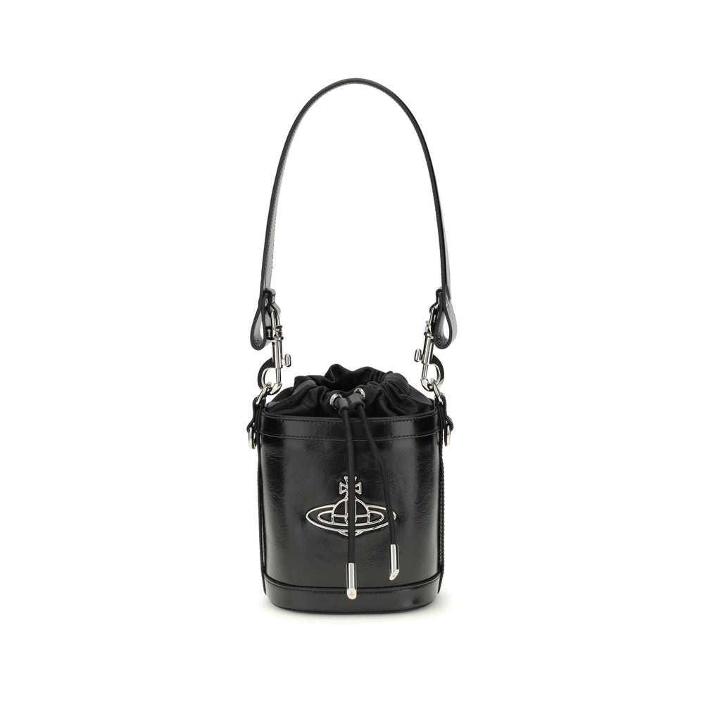 Vivienne Westwood Black Calf Leather Bos Taurus Backet Bag with Orb detail and drawstring closure.