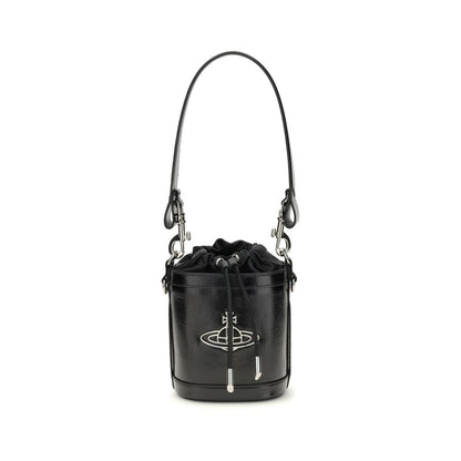 Vivienne Westwood Black Calf Leather Bos Taurus Backet Bag with Orb detail and drawstring closure.