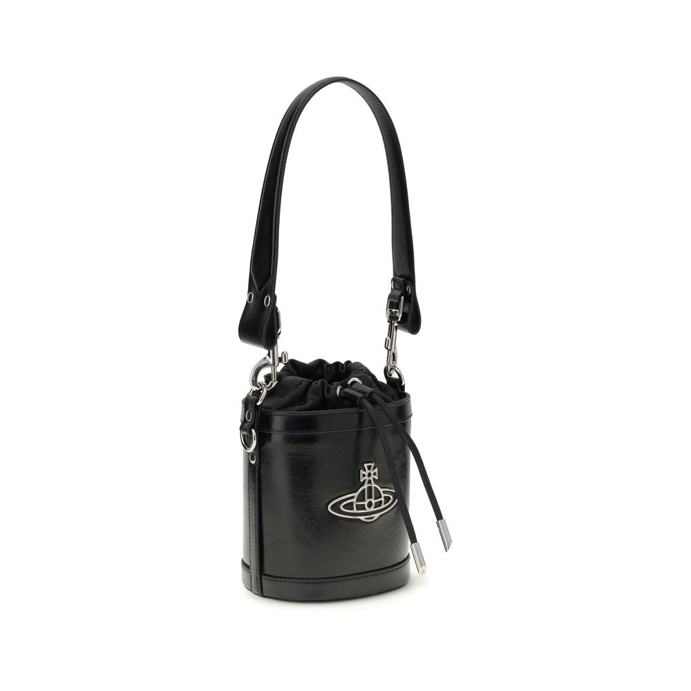 Vivienne Westwood Black Calf Leather Bos Taurus Backet Bag with Orb detail, tonal handle, and removable chain strap.