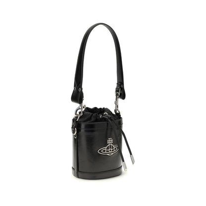 Vivienne Westwood Black Calf Leather Bos Taurus Backet Bag with Orb detail, tonal handle, and removable chain strap.