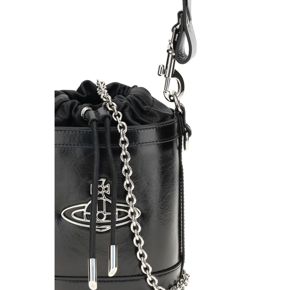 Vivienne Westwood Black Calf Leather Bos Taurus Backet Bag with iconic Orb metal detail and chain strap.