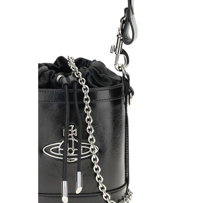 Vivienne Westwood Black Calf Leather Bos Taurus Backet Bag with iconic Orb metal detail and chain strap.