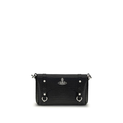 Vivienne Westwood Black Calf Leather Bos Taurus Shoulder Bag with modern silhouette and metallic details