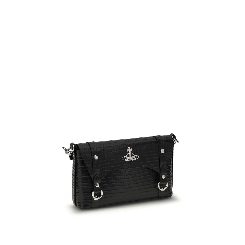Vivienne Westwood Black Calf Leather Bos Taurus Shoulder Bag with metallic details, removable strap, and modern silhouette.