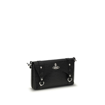 Vivienne Westwood Black Calf Leather Bos Taurus Shoulder Bag with metallic details, removable strap, and modern silhouette.