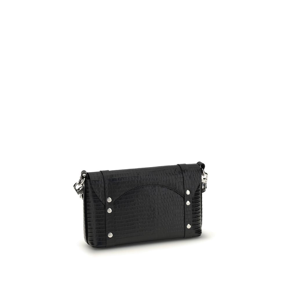 Alt Tag: Vivienne Westwood Black Calf Leather Bos Taurus Shoulder Bag with studs and removable strap, side view